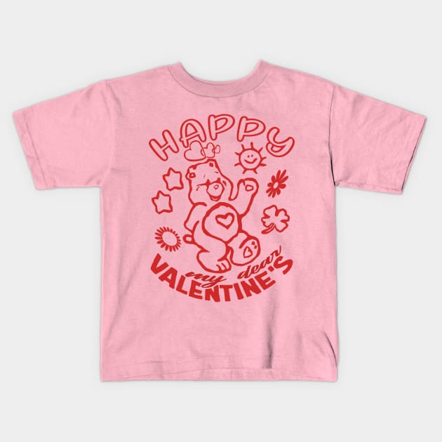 Happy Valentines, my dear: Loveful Red Bear in a Serene World of Hearts and Flowers Kids T-Shirt by PopArtyParty